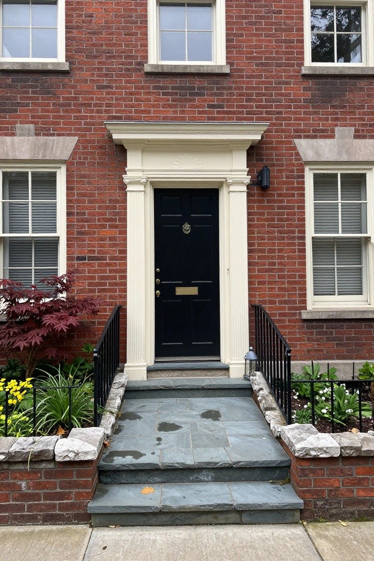 Red brick townhouse facade with white Doric columns framing a black front door, slate steps with black iron railing, and small garden plantings along the base.