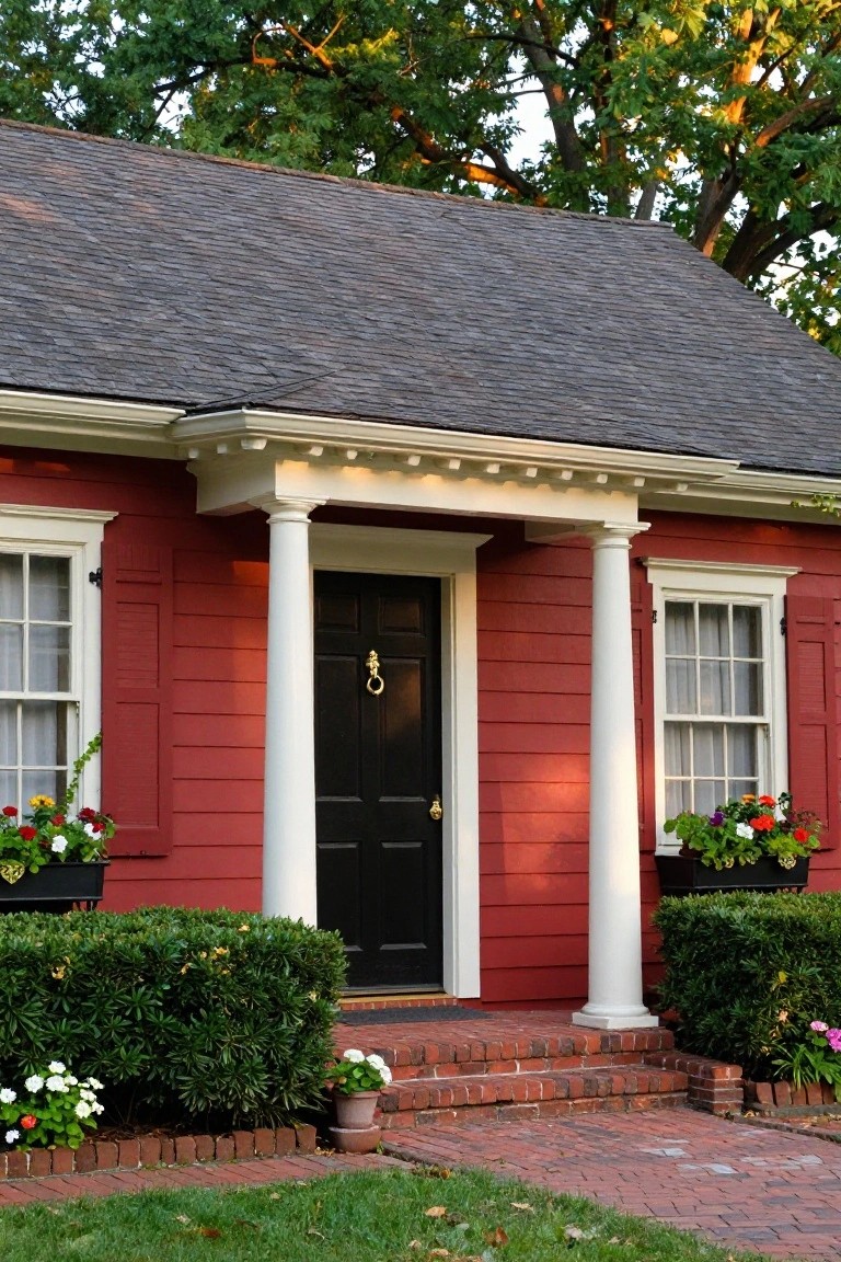 Red clapboard colonial house exterior with white Doric columns supporting a portico over a black front door, flanked by white-framed windows with flower boxes, brick steps, and low shrubs.
