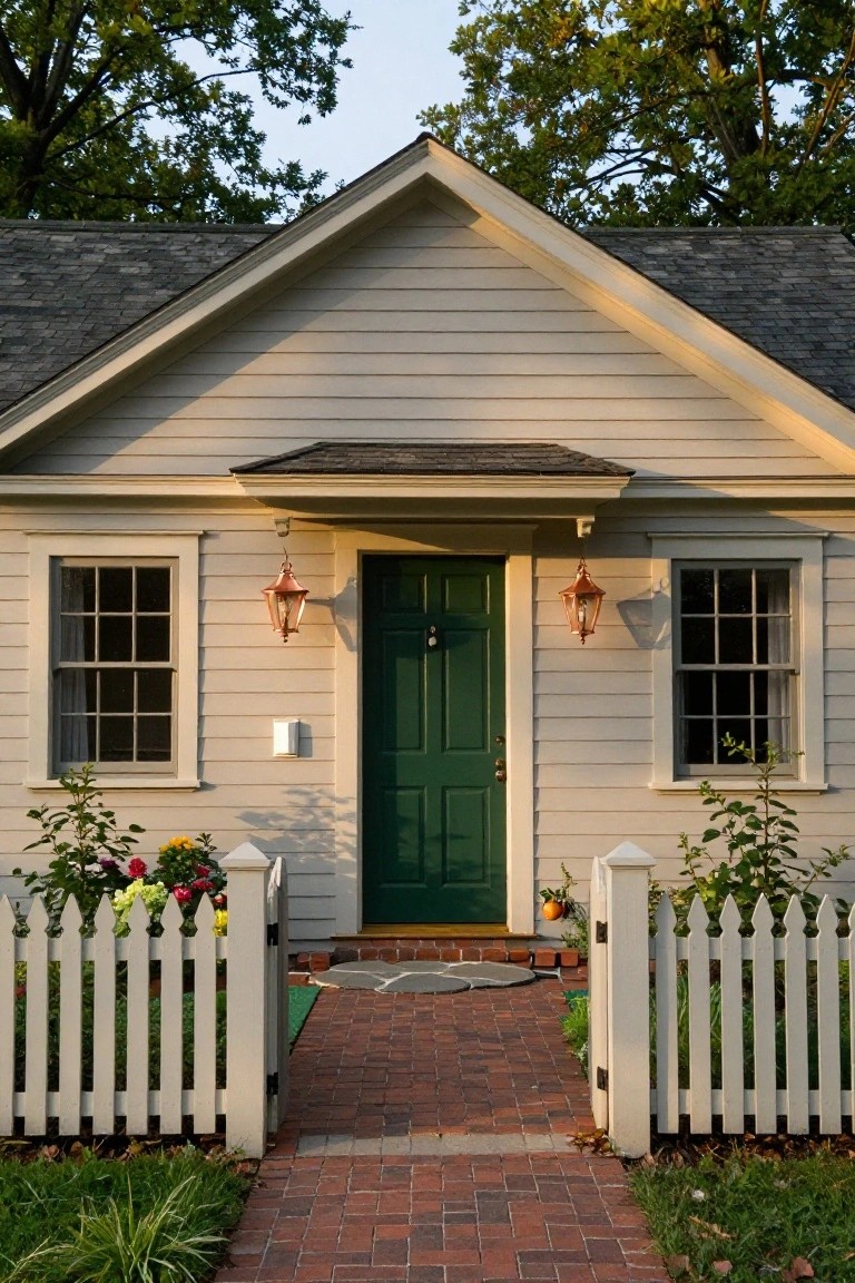 A small beige clapboard colonial house with gabled roof, green front door flanked by copper lanterns, white picket fence gate enclosing a brick pathway, flower plantings, and trees in the background.