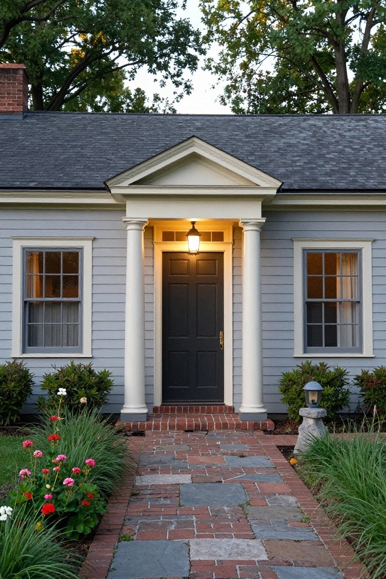 Gray clapboard small colonial house with gabled roof, white pedimented portico supported by fluted columns over a dark paneled front door, symmetrical windows, brick and stone paver pathway, and bordered garden plantings.