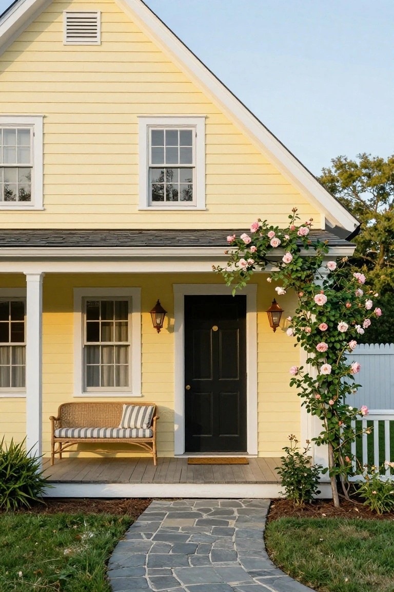 Pale yellow two-story colonial house with covered front porch, black door, wicker bench with cushions, pink climbing roses on columns, lanterns, and curved stone path in front yard.