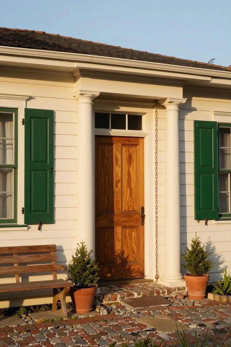 Small yellow clapboard house exterior with green shutters, centered wooden double door under a portico supported by two white columns with a hanging chain, wooden bench, potted evergreens, and brick pathway.