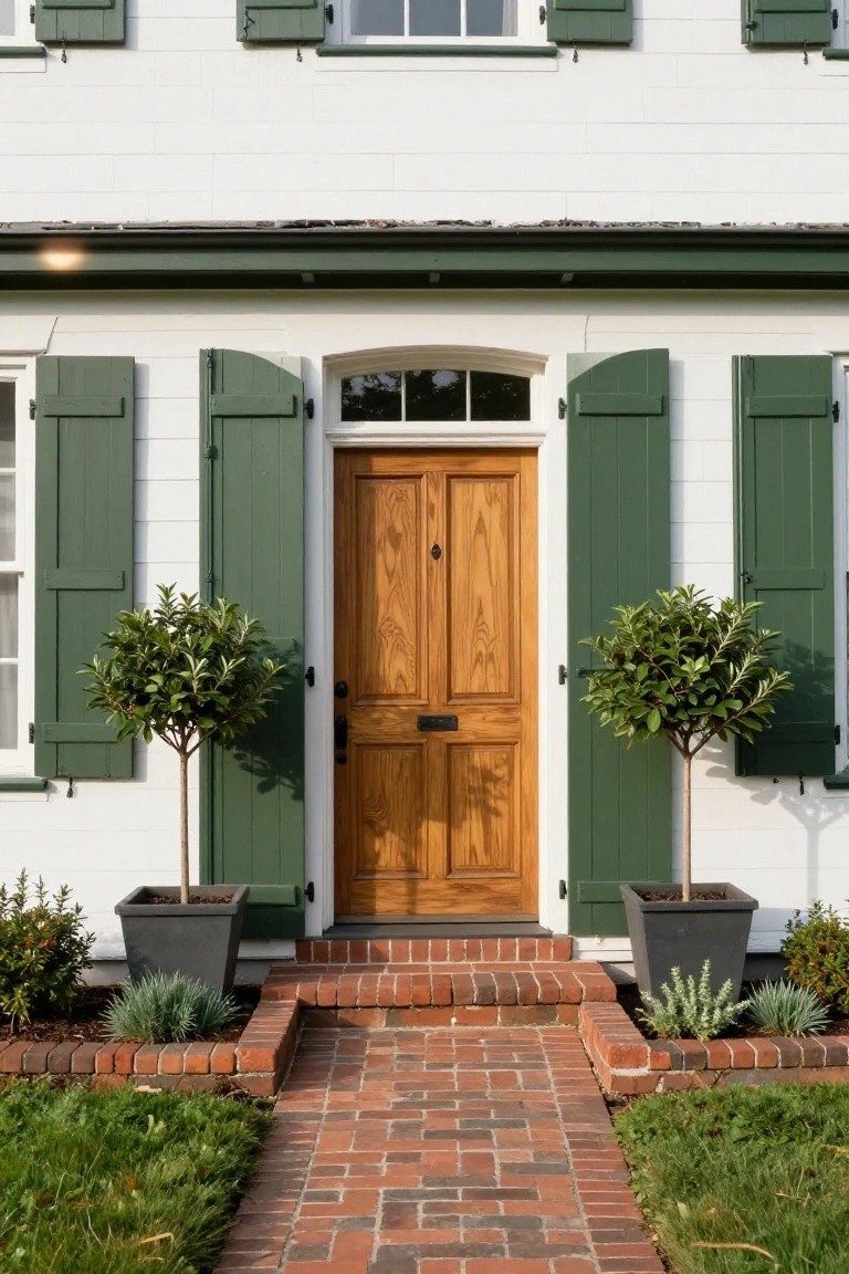 Entry Flanked by Tall Topiaries