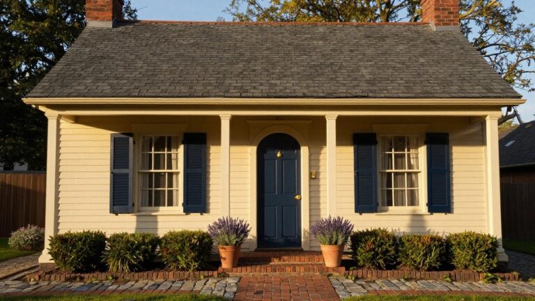 Small two-story yellow clapboard colonial house with slate roof, dormer windows, navy blue front door and shutters, brick walkway, and potted lavender plants on either side.