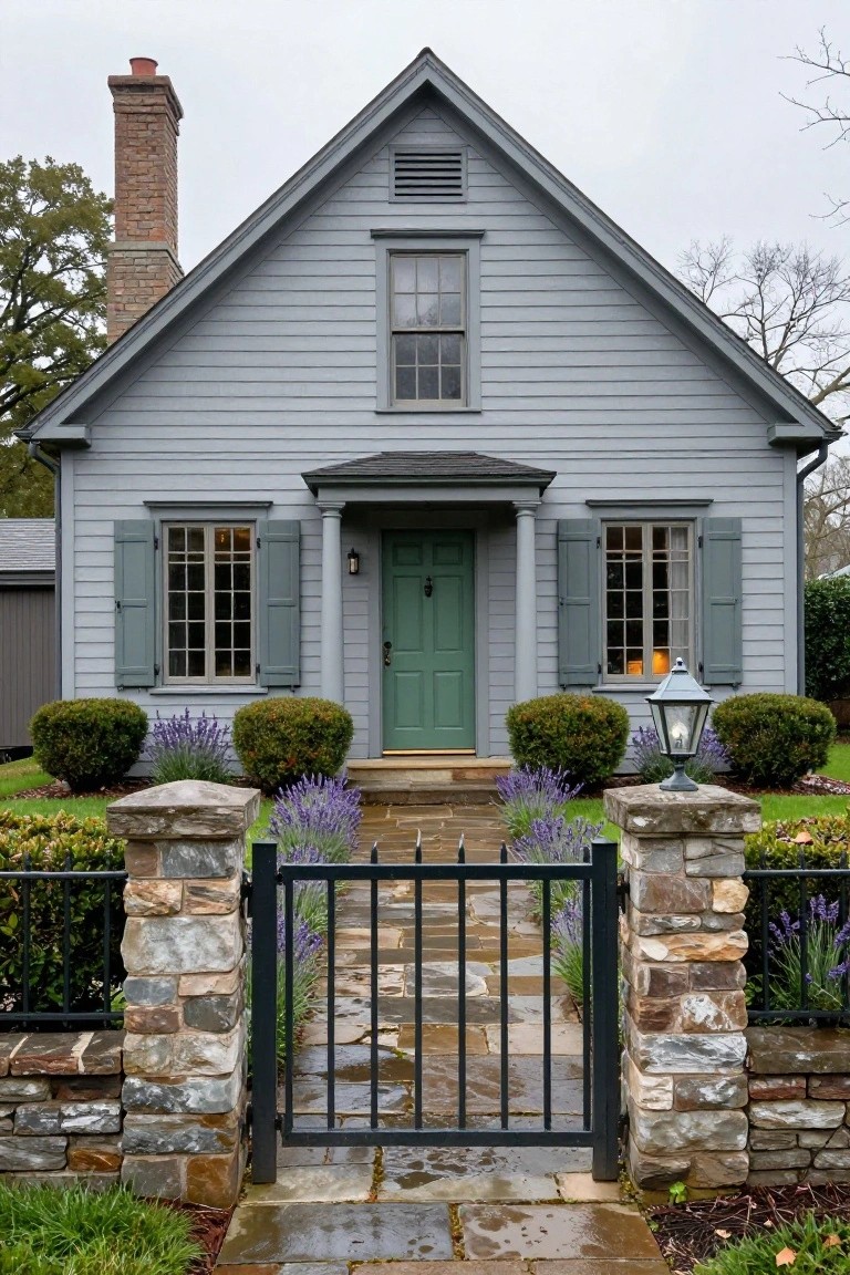 Front view of a small two-story gray clapboard house with gabled roof, green front door flanked by white columns, green shutters on windows, stone pillars supporting a black iron gate, lavender plants, boxwoods, and a lantern light.