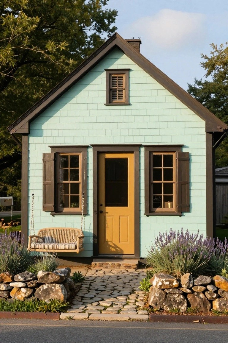 Small gabled house with mint-green shingle siding, dark brown trim, yellow front door with screen, open shutters on double-hung windows, hanging porch swing, lavender plants, rock borders, and stone path to entry.