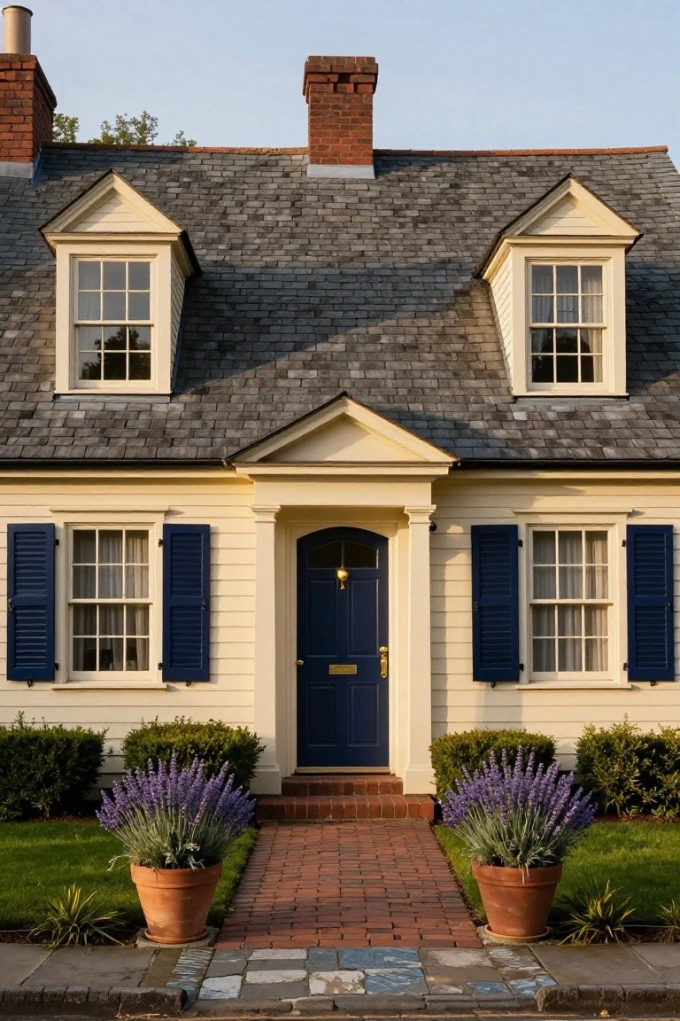 Small two-story yellow clapboard colonial house with slate roof, dormer windows, navy blue front door and shutters, brick walkway, and potted lavender plants on either side.