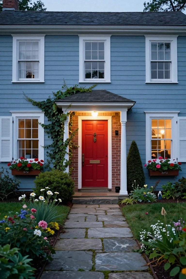 Blue clapboard colonial house with white window trim, red front door under a brick portico with columns, ivy climbing the side, geranium window boxes, stone walkway, and garden plantings at twilight.