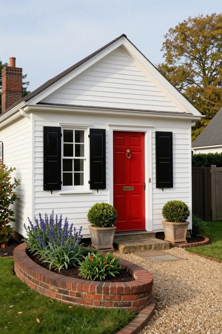 Small white clapboard shed with gabled roof, black shutters, red front door with brass knocker and letter slot, flanked by potted boxwoods, brick-edged flower beds with lavender and other plants, and gravel path.