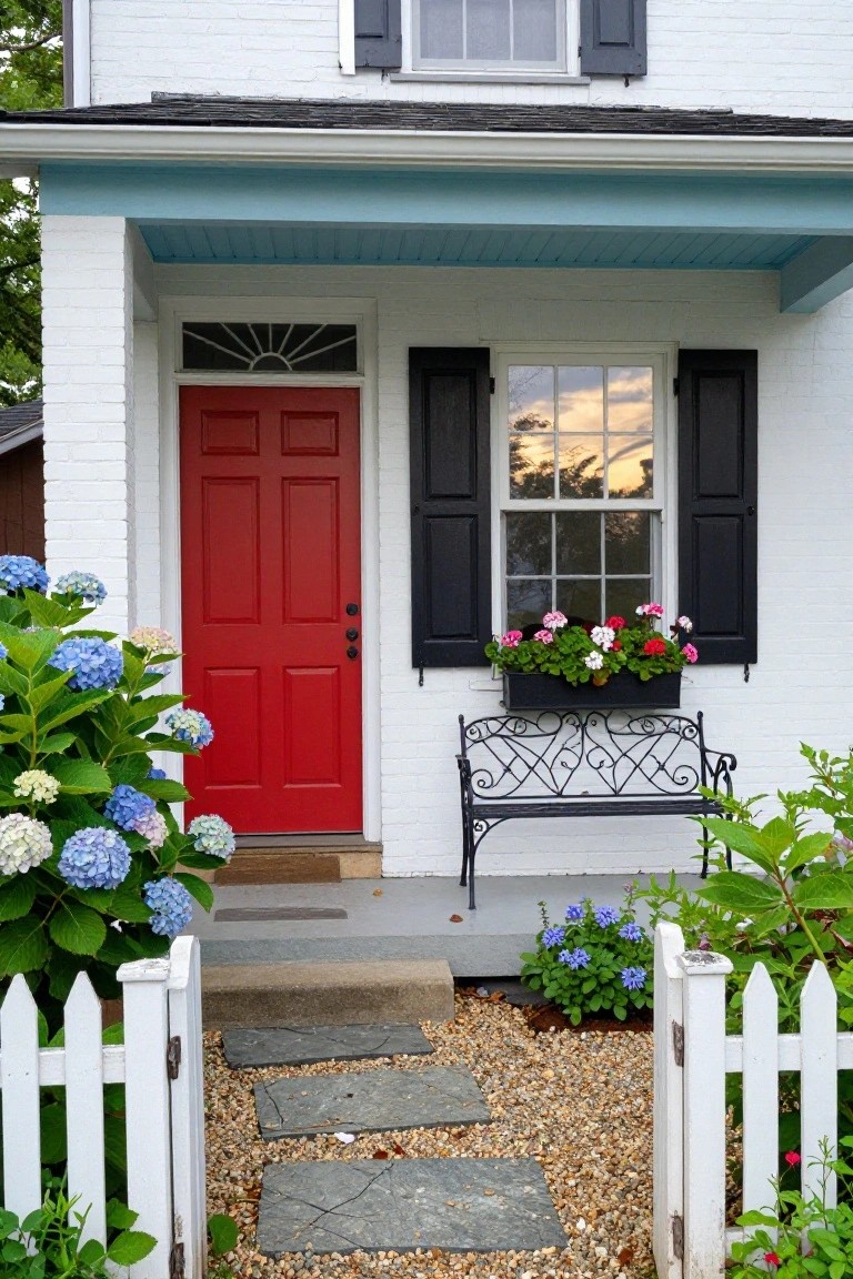 White brick colonial house with turquoise porch ceiling, red paneled front door, black shutters on windows, flower-filled window box above wrought iron bench, blue hydrangeas, white picket fence, and stone path through gravel.