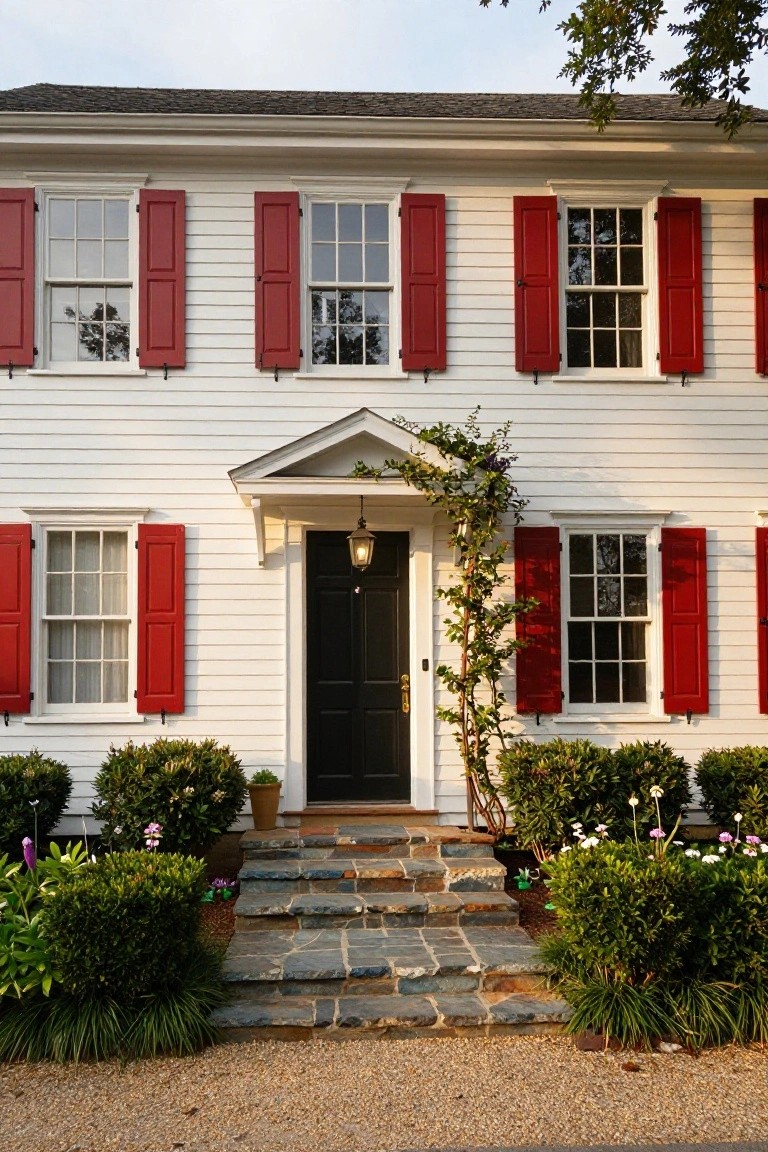 White two-story colonial house with red shutters on multi-pane windows, black front door under a pedimented portico with lantern light, stone steps, climbing vines, boxwoods, and flower plantings in front.