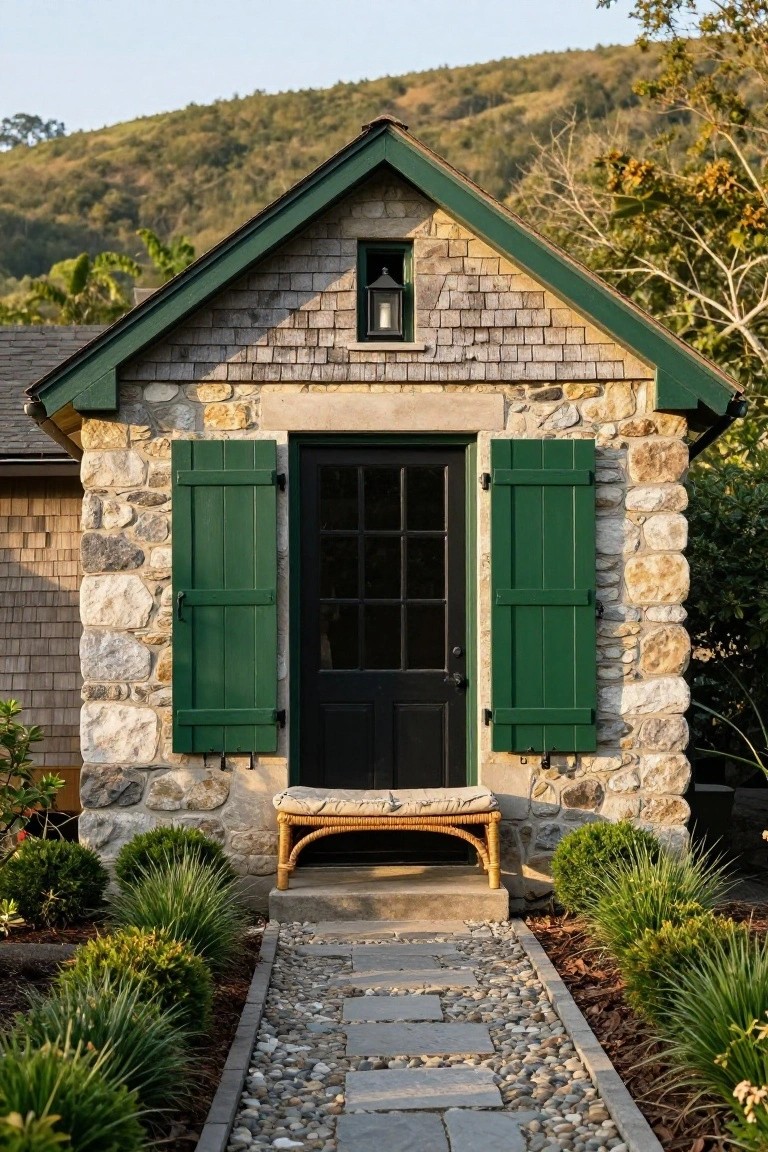 Small cottage exterior with lower stone walls, upper shingle siding, green shutters on either side of a black door, woven bench in front, stone pathway with gravel borders and low plants, backed by wooded hills.