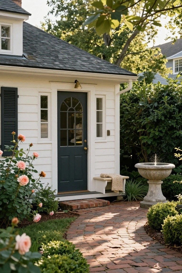 White clapboard cottage featuring a dark navy front door with arched glass panels, pink rose bushes along the side, brick entry path, stone fountain, wooden bench, and surrounding green hedges and trees.