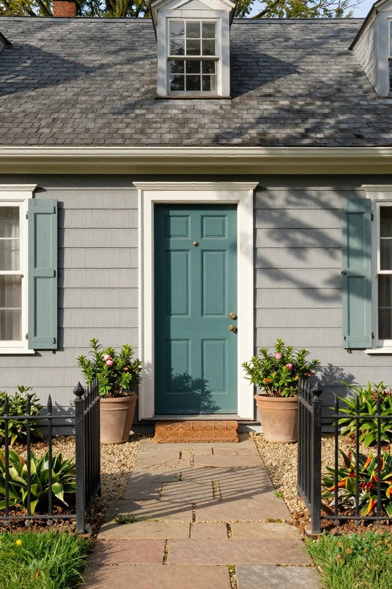 Gray shingled colonial house with centered teal paneled door, flanked by windows with teal shutters, potted plants on stone steps, wrought iron gate, and gravel path.