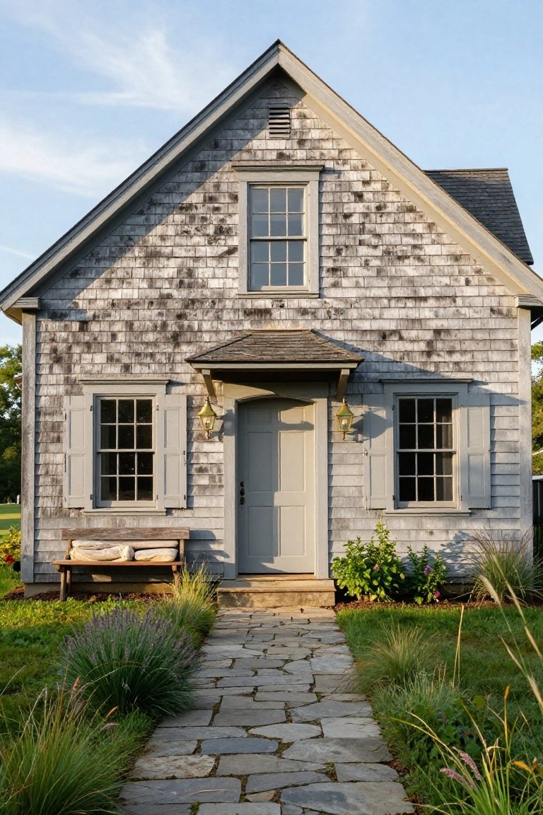 A small gray shingled colonial house with gabled roof, centered door under porch overhang with lanterns, flanked by multipane windows with shutters, wooden bench nearby, stone slab pathway, and grasses and shrubs along the front yard.