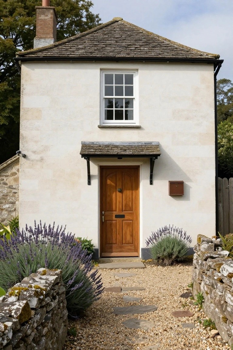 Small white stone cottage with slate roof, single sash window, wooden front door under a hooded porch, flanked by lavender plants, gravel path, and stone walls.