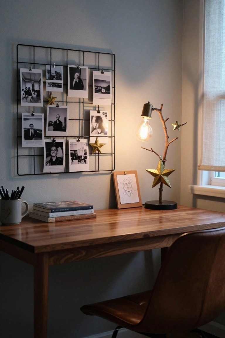 Wooden desk setup in a light gray room with black wire grid wall display holding black-and-white photos and gold star ornaments, branch-shaped metal lamp with dangling gold stars and lit bulb, stacked books, white mug, pens, and brown leather chair.