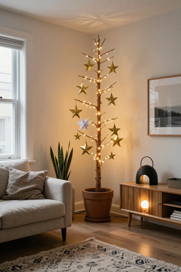 Corner of a light-colored living room with a potted branch tree strung with fairy lights and hanging gold and white paper star ornaments, beside a gray sofa, snake plant, wooden credenza, and black lamp.