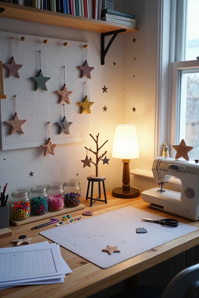 Wooden craft desk with cutting mat, scissors, bead jars, and papers below a white pegboard wall hung with colorful clay star ornaments, beside a sewing machine and small lamp in a cozy room.