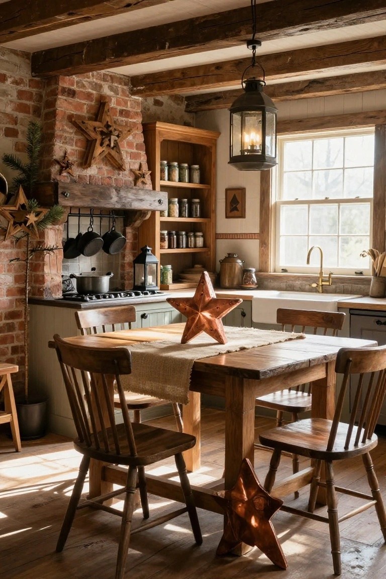 Rustic kitchen with exposed wooden beams, brick wall fireplace, wooden farmhouse table topped with large copper star ornament and runner, wooden chairs, hanging cookware, jars on shelves, and additional star decorations on walls and floor.