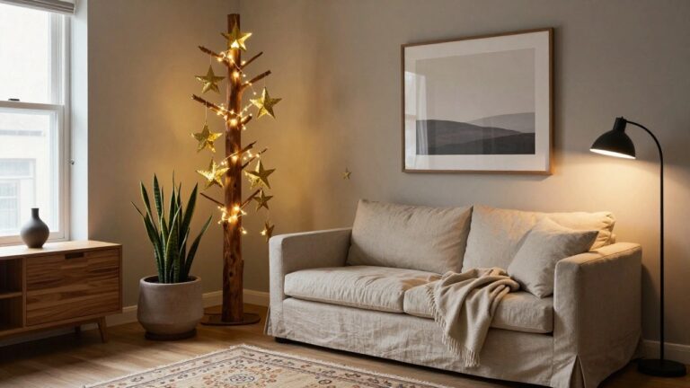 Corner of a light-colored living room with a potted branch tree strung with fairy lights and hanging gold and white paper star ornaments, beside a gray sofa, snake plant, wooden credenza, and black lamp.