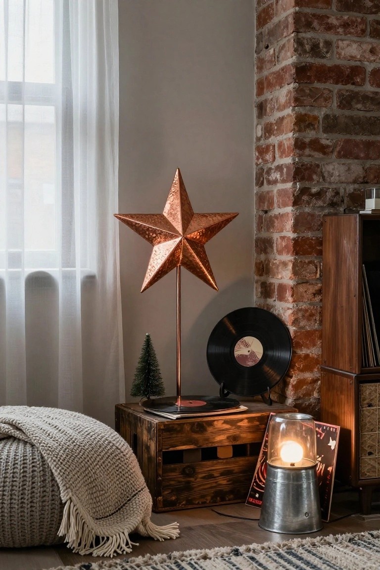 Cozy indoor corner with tall hammered copper star on stand, small artificial Christmas tree, vinyl record on wooden crate, glowing metal bucket lamp, exposed brick wall, wooden record cabinet, knit pouf with throw, and sheer curtains on window.