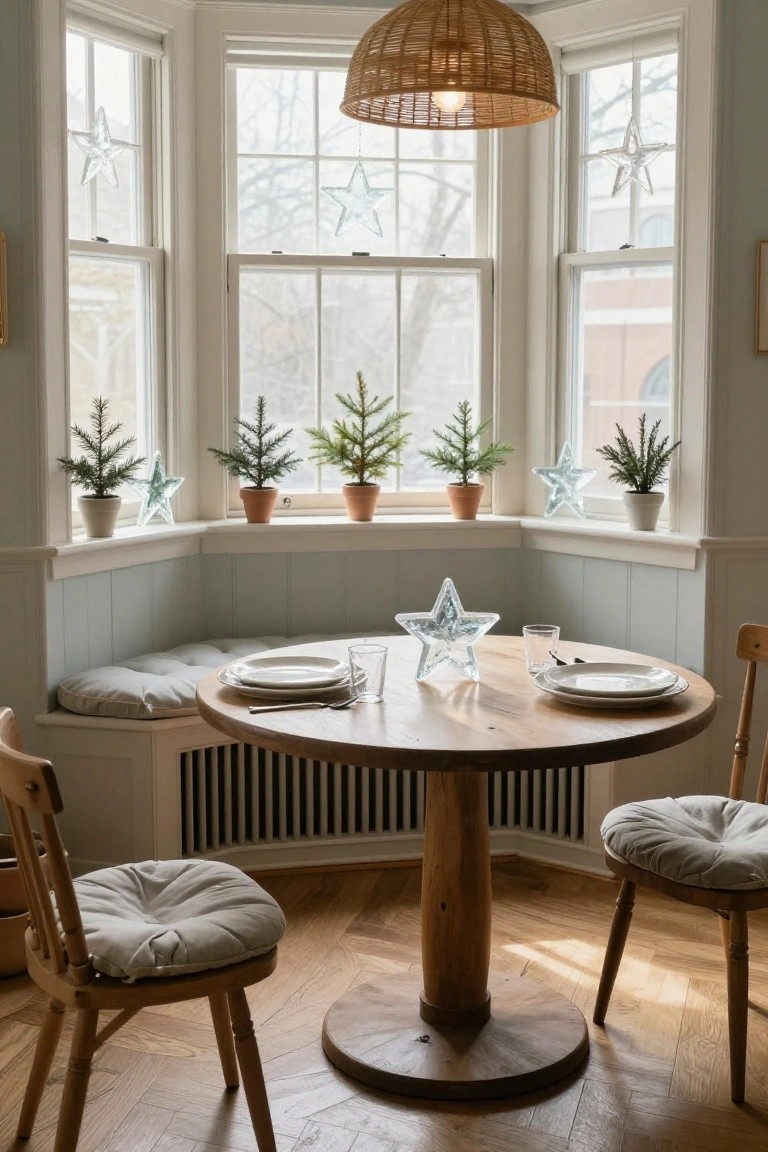 Bay window nook in pale blue paneled room with round wooden pedestal table set for two, two wooden chairs with gray cushions, small potted Christmas trees on sills, glass star ornaments hanging in windows and on table, wicker pendant light overhead, parquet wood floor.