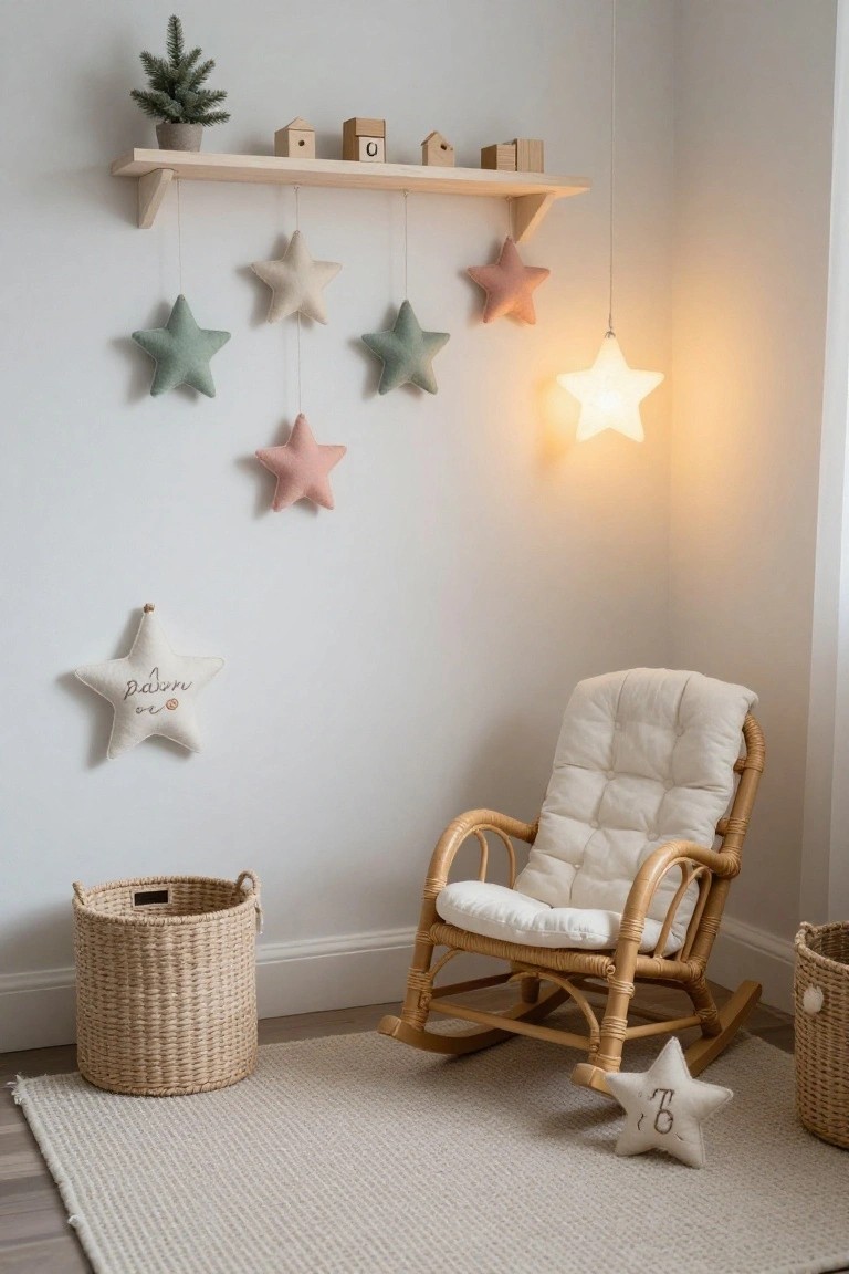 Cozy nursery corner with a beige rattan rocking chair on a light gray rug, hanging plush stars in pastel colors from wooden shelves stocked with tiny wooden houses and blocks, woven baskets on the floor, and a lit white star lamp.