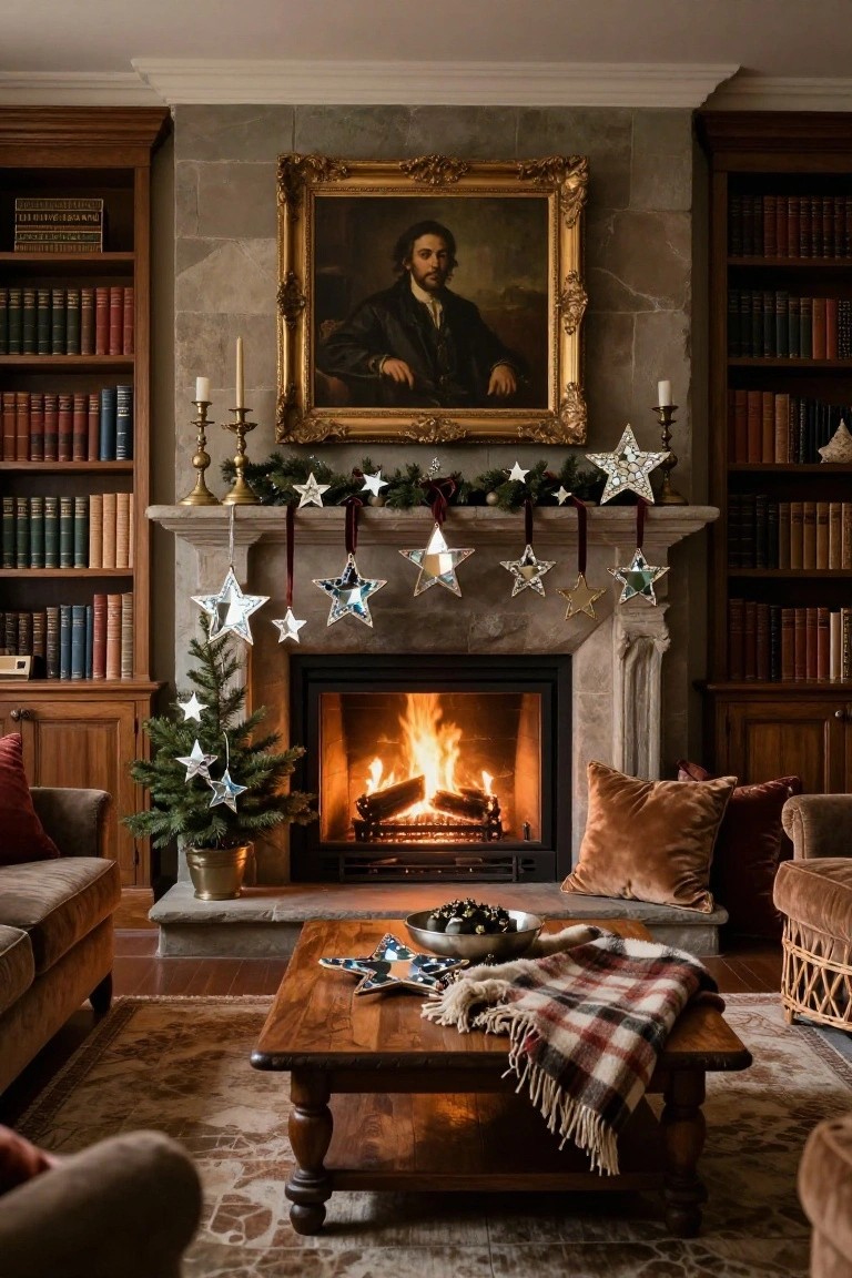 Traditional library interior with dark wood bookshelves, stone fireplace with fire burning, wooden coffee table, armchairs, small potted Christmas tree, and metallic star ornaments hanging from red ribbons above the mantel.