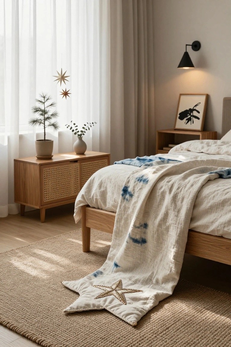 Bedroom with sheer white curtains hanging gold paper star ornaments, small potted pine tree and eucalyptus vase on wooden rattan nightstand beside oak bed draped in white linens blue shibori throw and embroidered star blanket on seagrass rug.