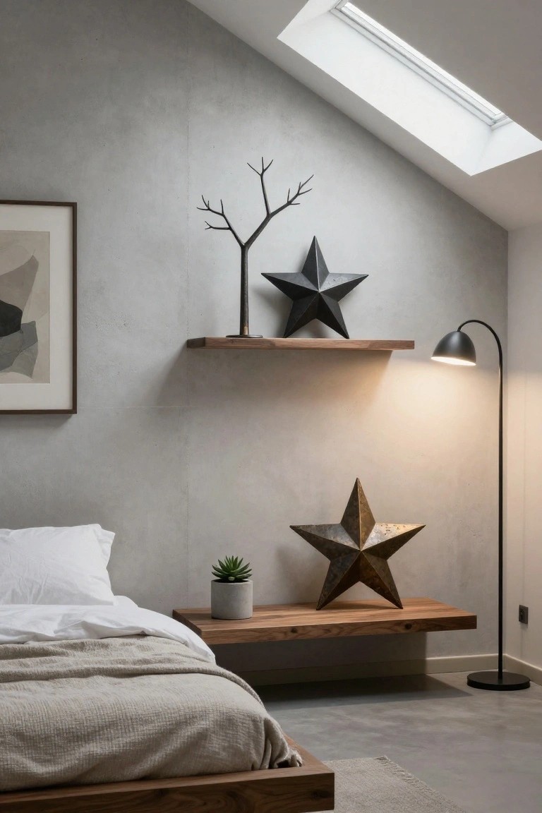 Modern bedroom with low wooden platform bed, floating wooden shelves displaying black and brass star sculptures, potted succulent, abstract framed print, arc floor lamp, and skylight against gray textured walls and polished concrete floor.