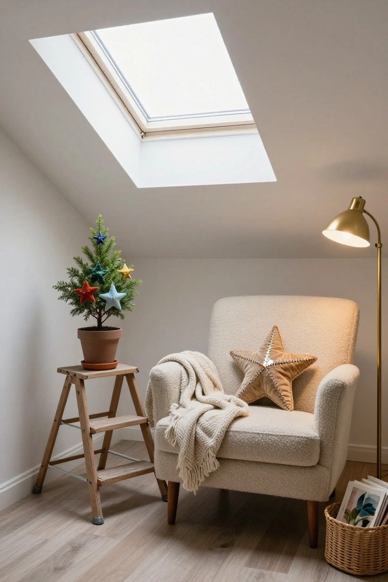 Small potted Christmas tree decorated with multicolored fabric star ornaments on a wooden step stool next to a cream upholstered armchair with a knitted throw and star pillow, gold floor lamp, and woven basket holding magazines in a white-walled attic room under a skylight.