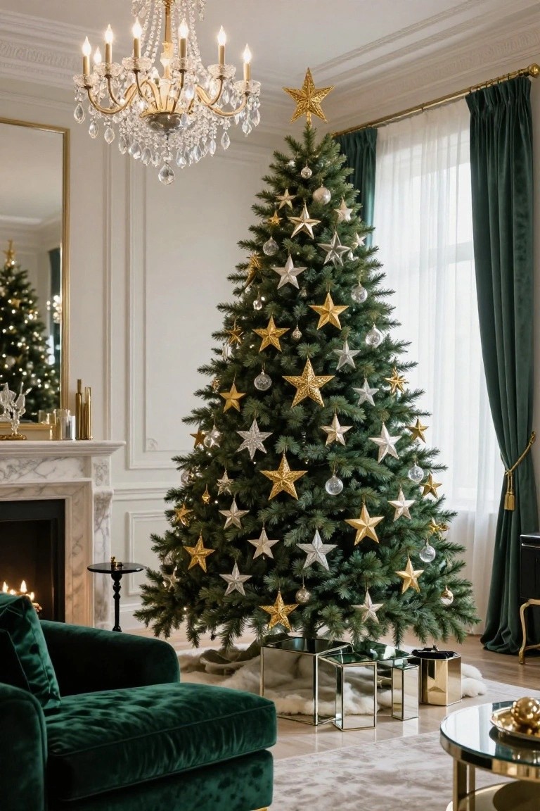 Luxurious white living room with tall Christmas tree decorated in gold and silver star ornaments, crystal chandelier overhead, marble fireplace, green velvet armchair, and gold-accented furniture.
