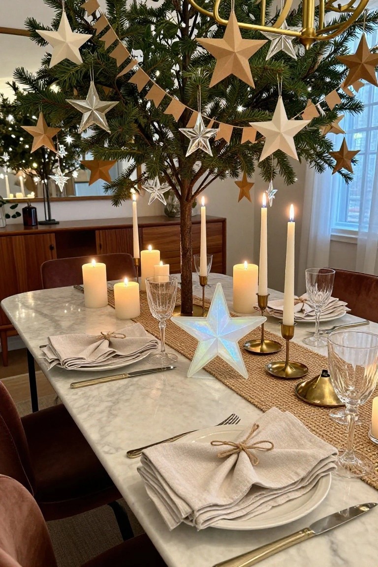 Marble dining table set with beige linen napkins tied with twine, gold flatware, crystal glassware, multiple candles in brass holders, seagrass runner, and large iridescent star centerpiece, under slim Christmas tree with white, beige, and metallic paper stars on garlands and branches, tan bunting flags, in room with wooden sideboard and window.