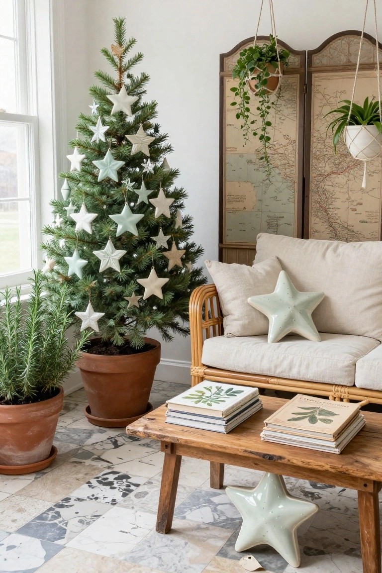 A small potted Christmas tree decorated with hanging white and light green ceramic star ornaments stands in a light-filled living room corner next to a beige rattan sofa with matching star pillows, a wooden coffee table holding books, potted rosemary plants, and room dividers covered in old maps with hanging plants.