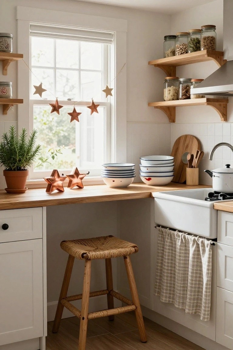 White farmhouse kitchen corner with wooden countertop holding two copper star cookie cutters, stacked white bowls with blue rims, wooden cutting board, potted rosemary plant, and paper star garland in the window.