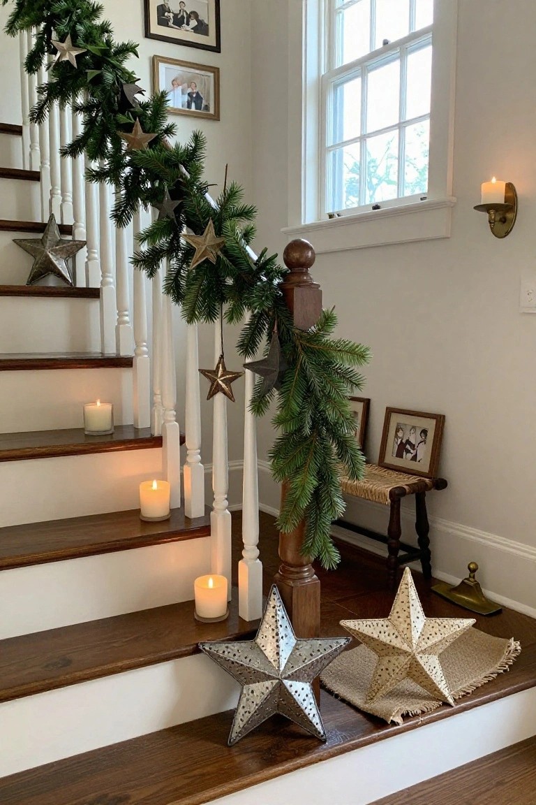 Wooden staircase with white railings wrapped in green garland adorned with metallic star ornaments, lit pillar candles on steps, family photos on walls, and a window with candle sconce.