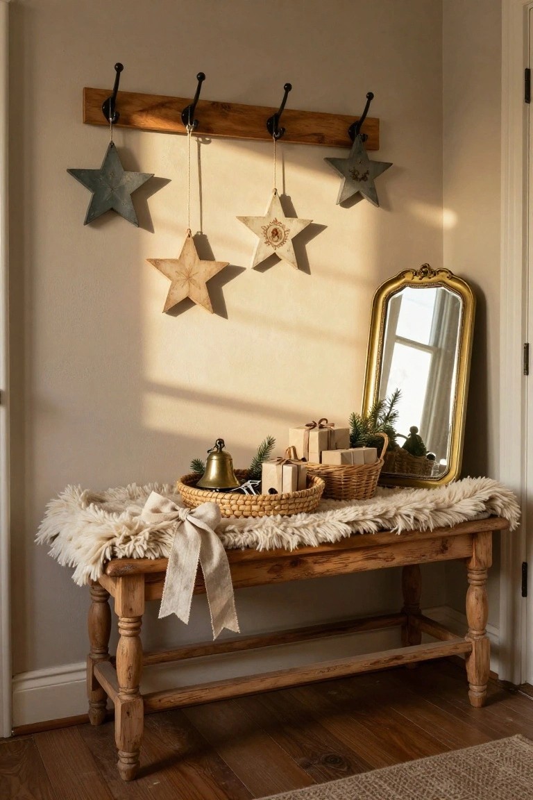 Indoor hallway corner with wooden peg rail holding hanging gray metal and white wooden star ornaments, ornate gold mirror on wall, wooden bench draped in white fur holding wicker baskets with wrapped gifts and greenery, brass bell, and small Christmas trees.