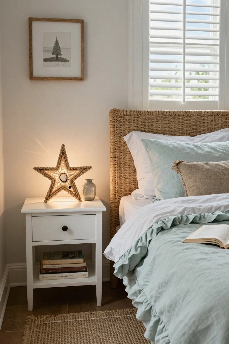 Bedroom nightstand with lit rope star lamp, gray vase, stacked books below, beside rattan headboard, white pillows, mint green quilted bedding, and open book on bed.