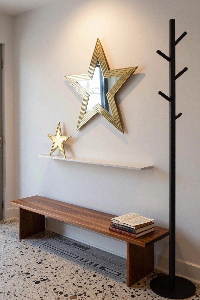 Entryway interior with large gold star-shaped mirror and smaller gold star on white shelf above wooden bench holding stacked books, black coat rack beside, and terrazzo tile floor.