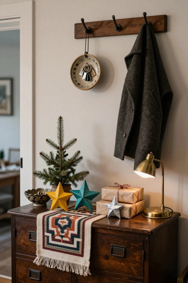 Wooden dresser topped with colorful woven runner, small potted Christmas tree, yellow metallic star, teal star, silver star, wrapped gifts, and brass lamp; gray coat on wall rack and keys in dish nearby.