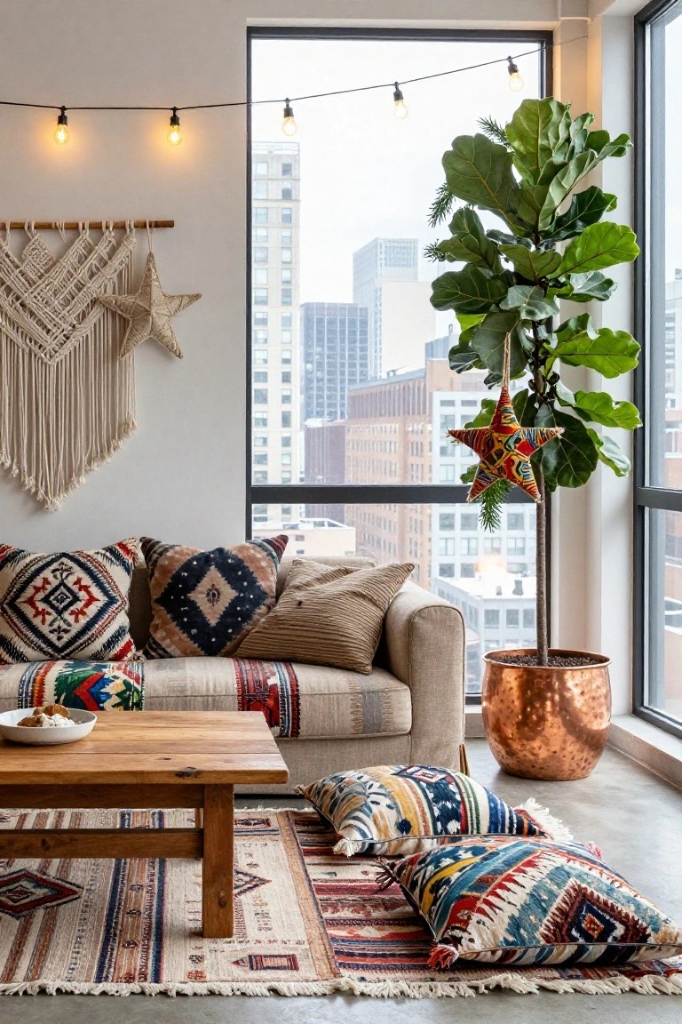 A boho-style living room with a large fiddle leaf fig plant in a copper pot decorated with colorful fabric star ornaments, string lights, and pine sprigs, positioned near a beige sofa, wooden coffee table, and large windows showing a city view.