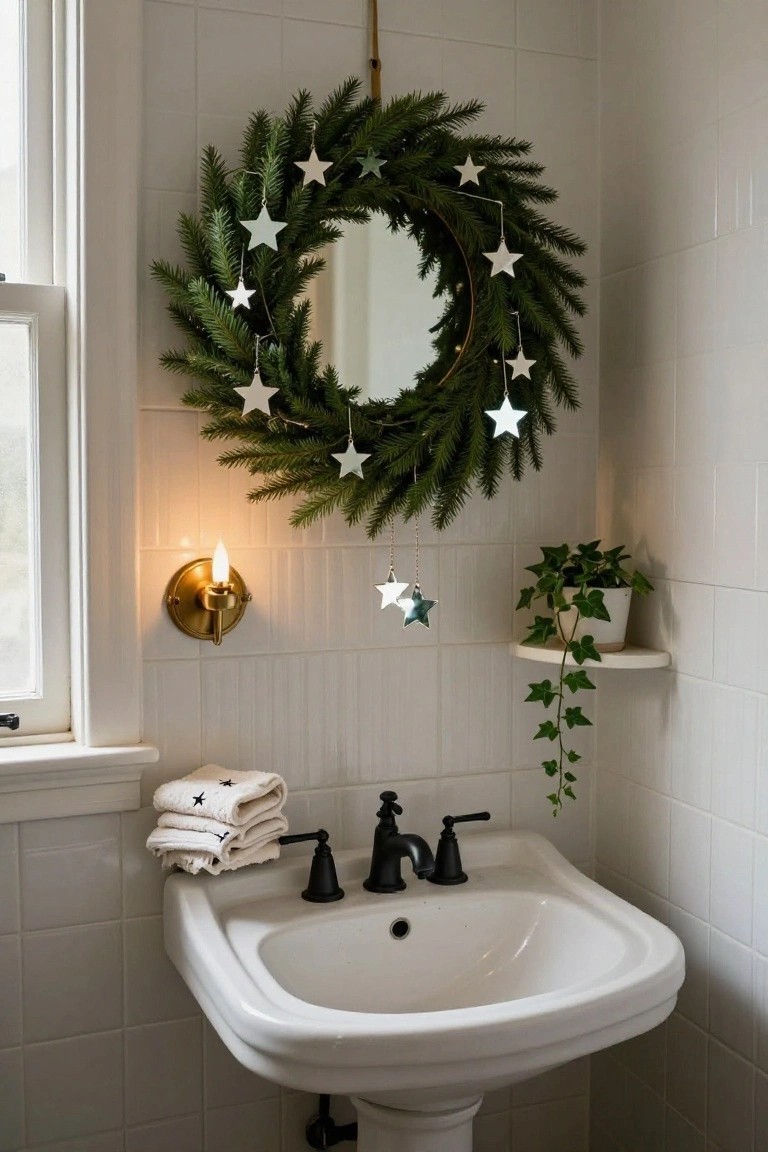 White tiled bathroom corner with pedestal sink, black faucet, stacked white towels with black star embroidery, ivy plant on wall shelf, gold wall sconce with candle, and round mirror framed by green evergreen wreath with multiple hanging white star ornaments.