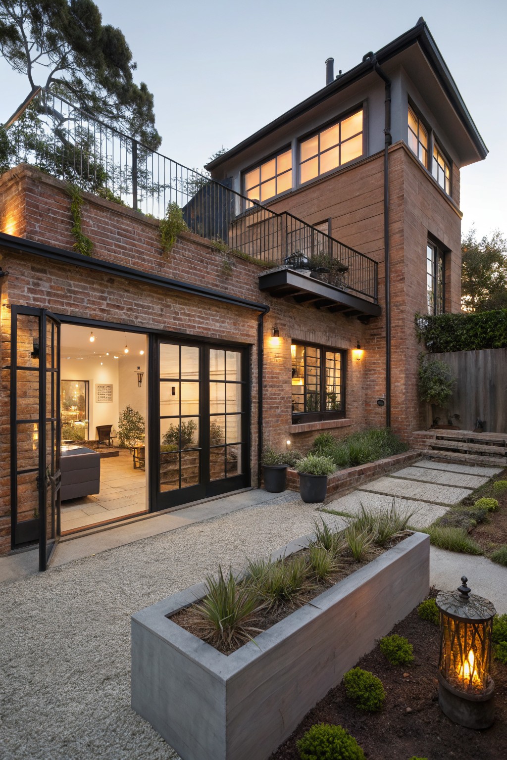 Two-story red brick house exterior at dusk with large open black-framed glass doors revealing an indoor living room with gray sofa and plants, metal balcony above, gravel patio edged by concrete planters with agave, steps, and lit lanterns.