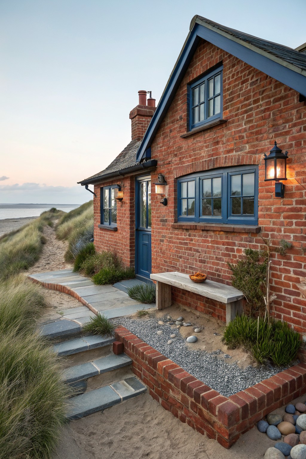 Red brick house exterior with navy blue windows, door, and trim, on a sandy dune path near the beach, featuring stone steps, wooden bench, lanterns, plants, and pebbles.