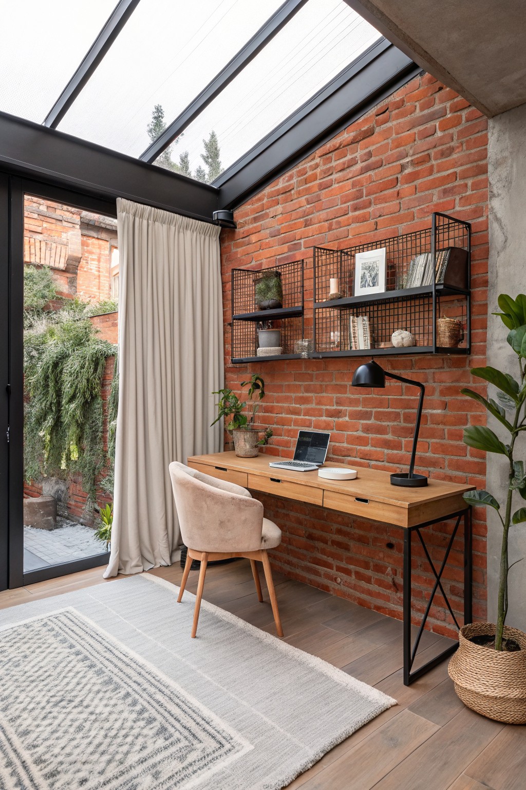 Home office interior with exposed red brick walls, wooden desk topped with a laptop and lamp, cream upholstered chair, metal wall shelves holding books and plants, large potted plant in woven basket, beige curtains on glass doors to garden, and glass skylight ceiling.