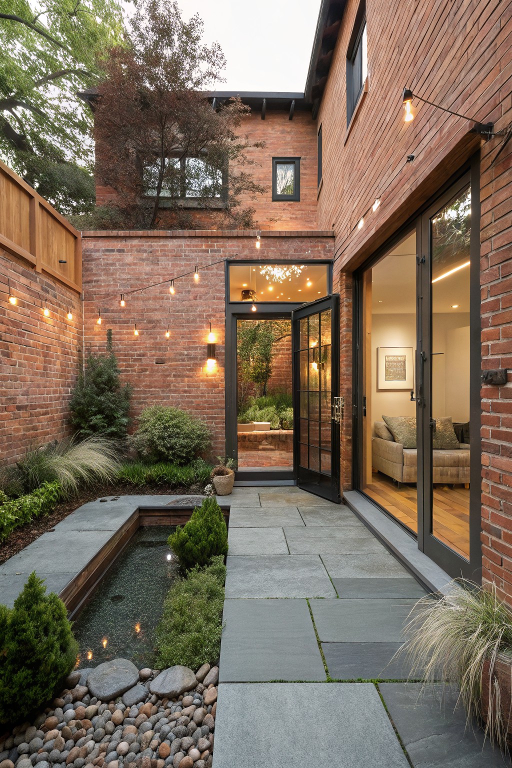 Red brick house exterior with black-framed folding glass doors open to a slate-paved courtyard patio containing a linear reflecting pool edged in wood, surrounded by plants, pebbles, and string lights, with living room visible inside.