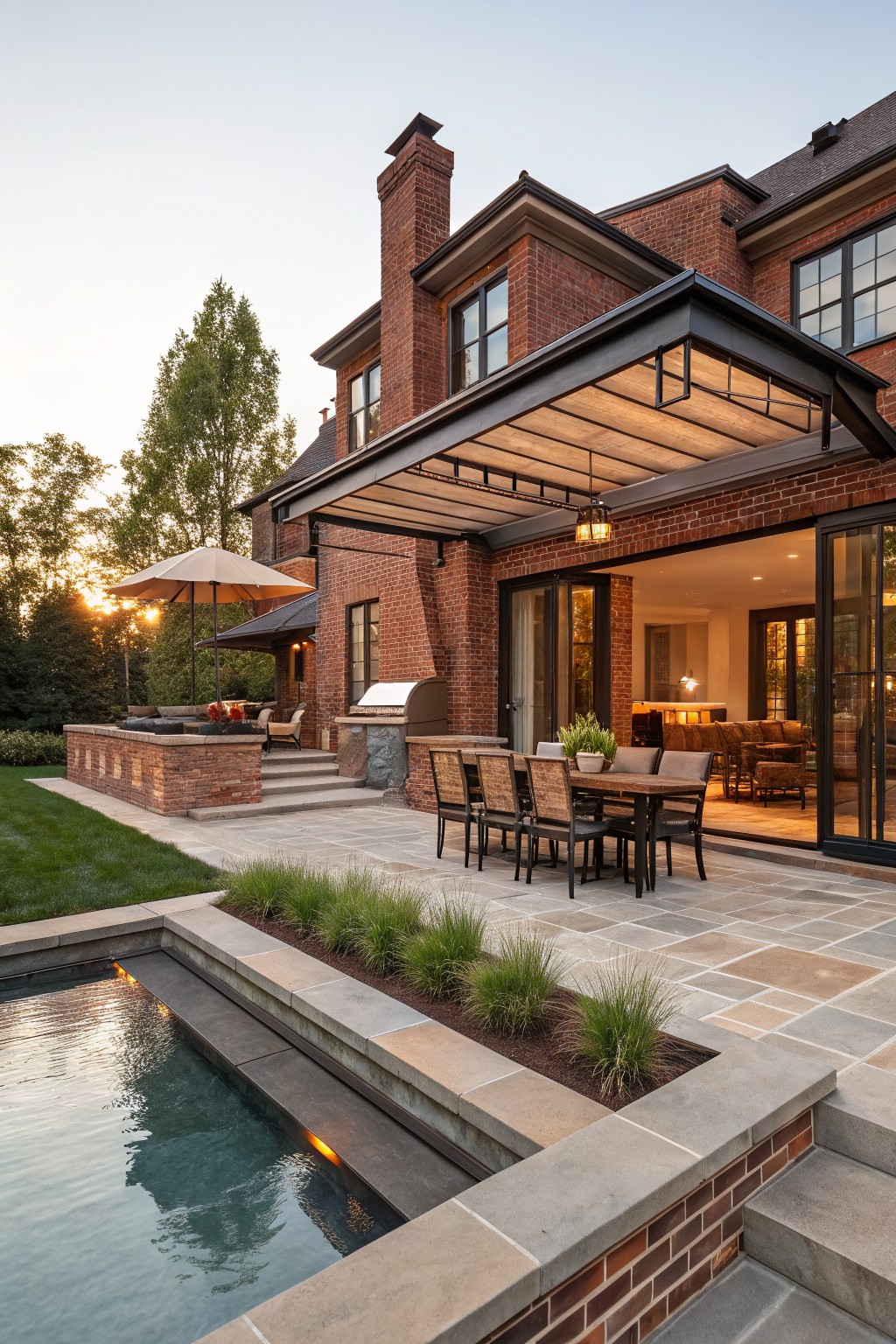Rear exterior of a two-story red brick house with a cantilevered black metal pergola sheltering a flagstone patio that includes an outdoor dining table with chairs, built-in grill, lounge seating, brick retaining wall, and adjacent narrow in-ground pool with underwater lights and surrounding grass and plants.