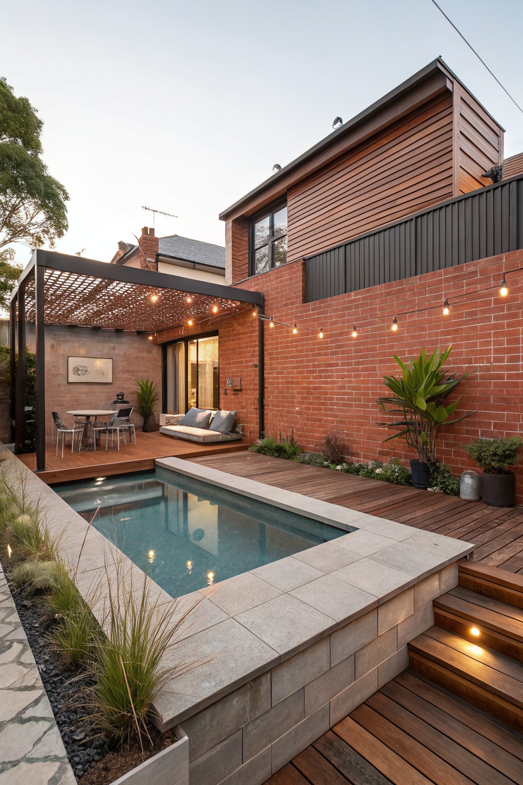 Backyard of a red brick house with wooden deck surrounding a small rectangular plunge pool edged in light stone, pergola-covered patio area with dining table, chairs, lounge seating, string lights, and low plantings.
