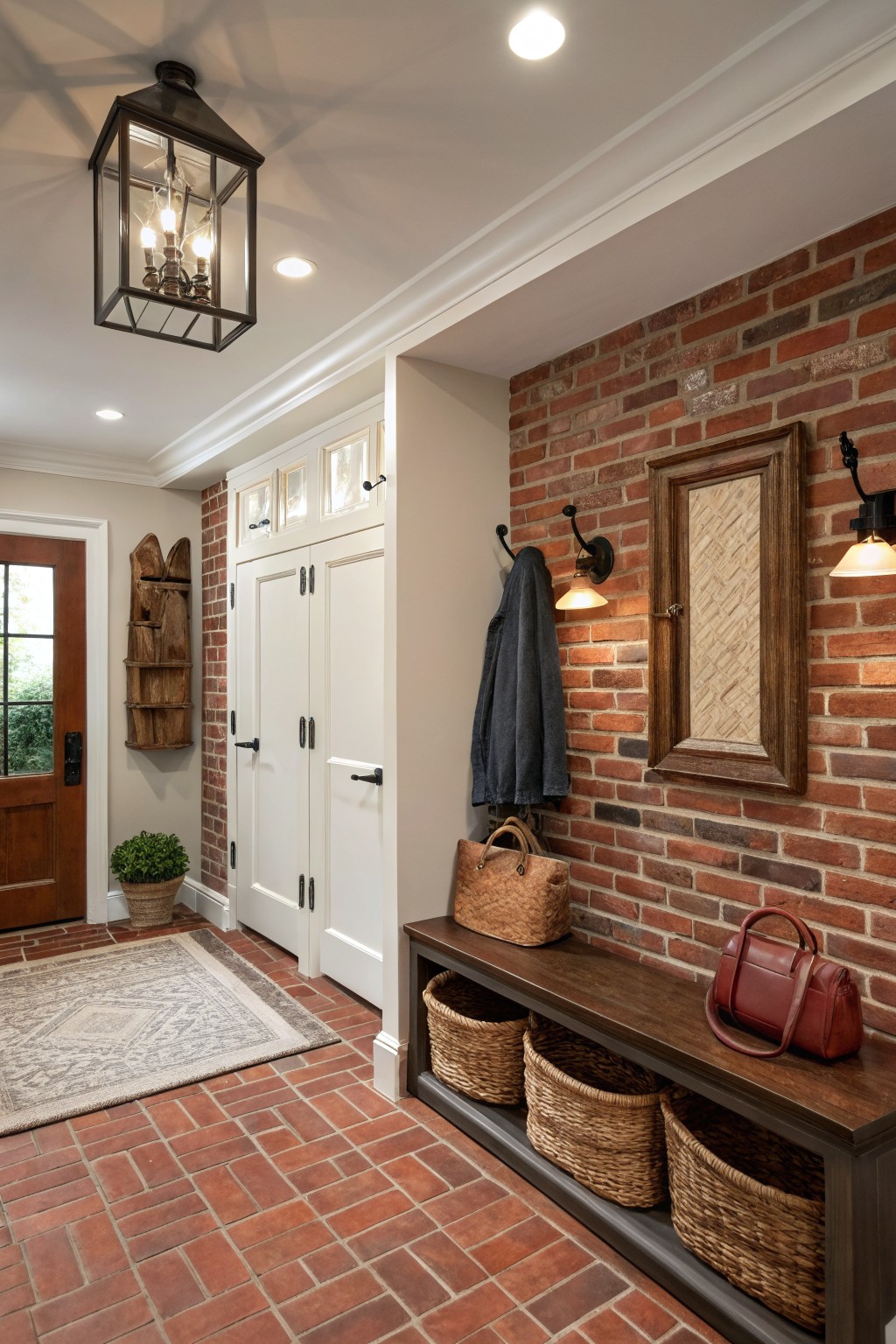 Entryway interior showing red brick accent wall, wooden bench with three wicker baskets underneath, coat hooks on wall, white double-door cabinets, potted plant, and brick flooring with area rug.